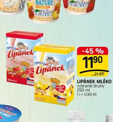 LIPÁNEK MLÉKO vybrané druhy 250 ml v akci