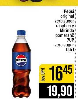 Pepsi original zero suger raspberry Mirinda pomeranč 7UP zero sugar 0,5l