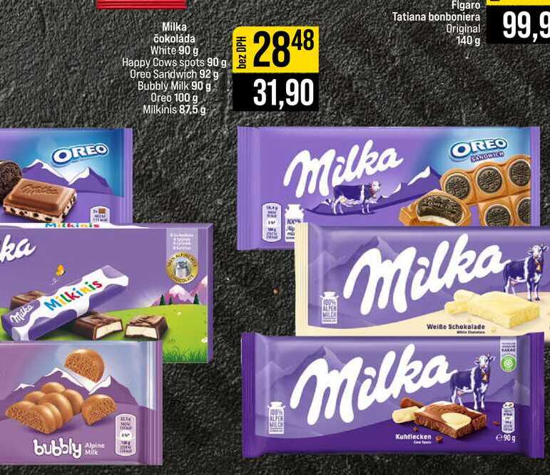 Milka čokoláda White 90 g Happy Cows spots 90 g Oreo Sandwich 92 g Bubbly Milk 90 g Oreo 100 g Milkinis 87,5 g