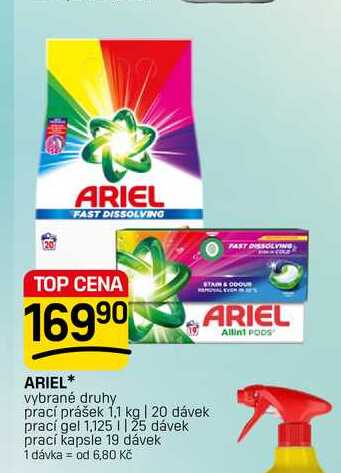 ARIEL* vybrané druhy prací prášek 1,1 kg | 20 dávek prací gel 1,125 | | 25 dávek prací kapsle 19 dávek