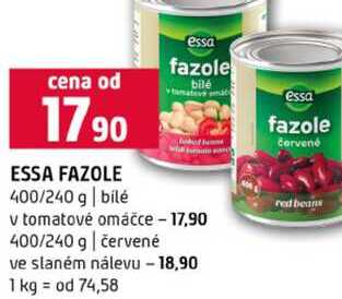 ESSA FAZOLE 400/240 g bílé bilé amateva mate essa v tomatové omáčce 400/240 g červené ve slaném nálevu