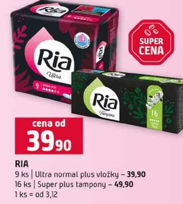 RIA cena od 3990 9 ks Ultra normal plus vložky 16 ks Super plus tampony