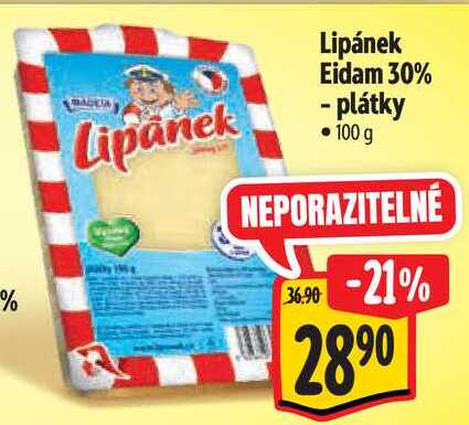 Lipánek Eidam 30% - plátky, 100 g
