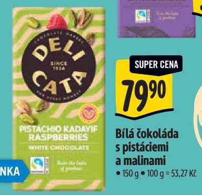 Bílá čokoláda s pistáciemi a malinami, 150 g