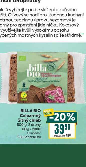 BILLA BIO Celozrnný žitný chléb 500 g