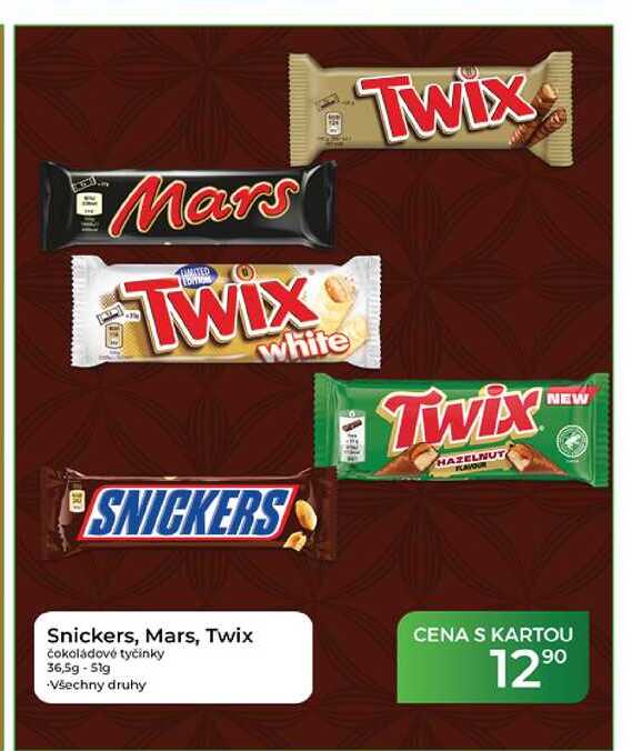 Snickers, Mars, Twix čokoládové tyčinky 36,5g-51g  