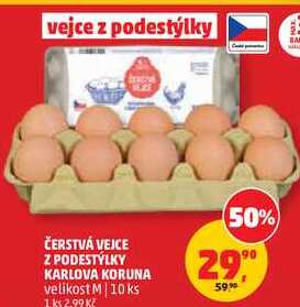 ČERSTVÁ VEJCE Z PODESTÝLKY KARLOVA KORUNA velikost M, 10 ks 