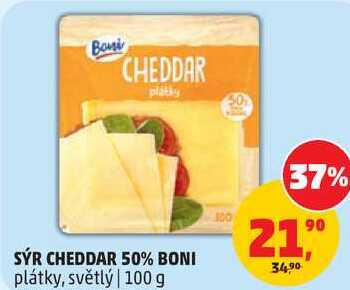 SÝR CHEDDAR 50% BONI plátky, světlý, 100 g