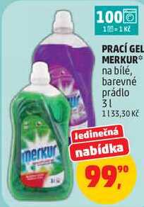 PRACÍ GEL MERKUR na bílé, barevné prádlo, 3 l 