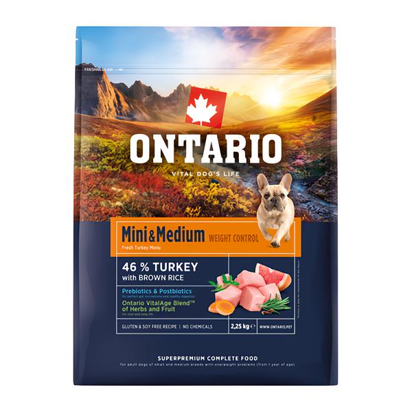 Ontario Krmivo Mini & Medium Weight Control Turkey & Brown Rice pro psy
