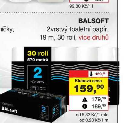 BALSOFT 2vrstvý toaletní papír, 19 m, 30 rolí