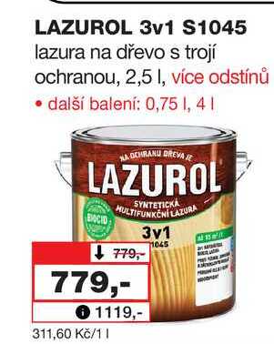 LAZUROL 3v1 S1045 lazura na dřevo s trojí ochranou, 2,5l