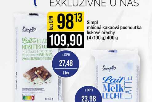 Simpl mléčná kakaová pochoutka lískové ořechy (4x100 g) 400 g