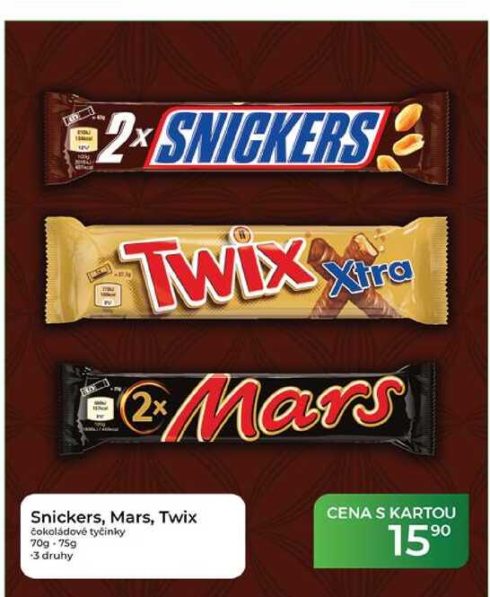 Snickers, Mars, Twix čokoládové tyčinky 70g-75g