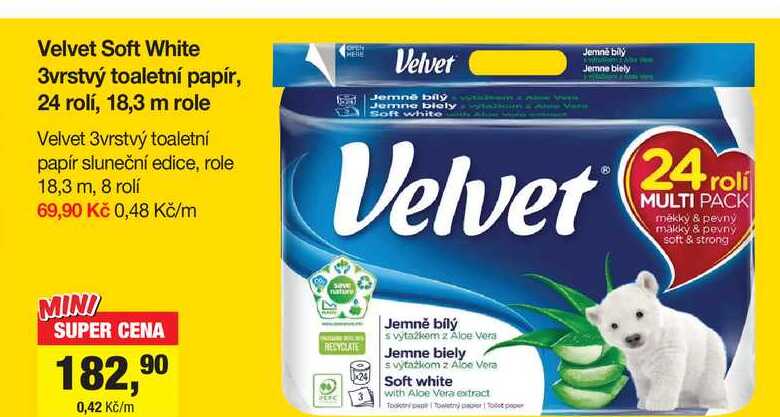 Velvet Soft White 3vrstvý toaletní papír, 24 rolí, 18,3 m role