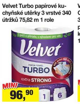 Velvet Turbo papírové kuchyňské utěrky 3 vrstvé 340 útržků 75,82 m 1 role