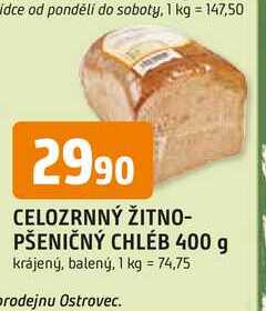 CELOZRNNÝ ŽITNO- PŠENIČNÝ CHLÉB 400 g krájený, balený