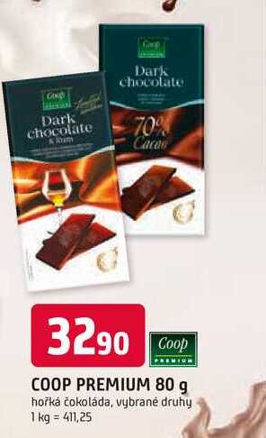 COOP PREMIUM 80 g hořká čokoláda, vybrané druhy