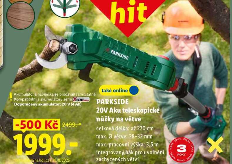 PARKSIDE 20V Aku teleskopické nůžky na větve