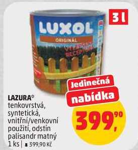 LAZURA tenkovrstvá, syntetická, vnitřní/venkovní použití, odstín palisandr matný, 1 ks
