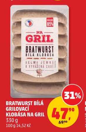 BRATWURST BÍLÁ GRILOVACÍ KLOBÁSA NA GRIL, 330 g
