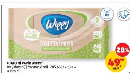 TOALETNÍ PAPÍR WIPPY recyklovaný, 3vrstvý, 8 roli