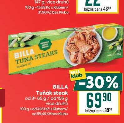 BILLA Tuňák steak od 3× 65 g/ od 156 g