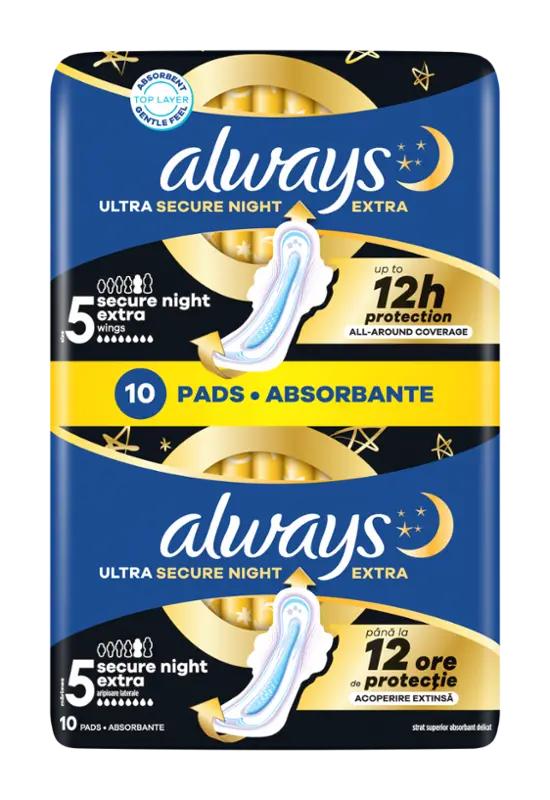 Always Hygienické vložky Ultra Secure Night Extra s křidélky vel. 5, 10 ks