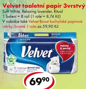 Velvet toaletní papír 3vrstvý, 1 balení 8 rolí 