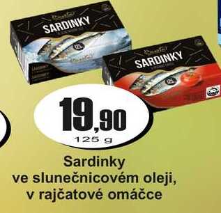 Sardinky ve slunečnicovém oleji, v rajčatové omáčce 125 g