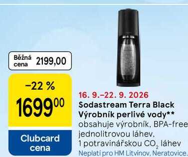 Sodastream Terra Black Výrobník perlivé vody, obsahuje výrobník, BPA-free- jednolitrovou láhev, 1 potravinářskou CO₂ láhev  