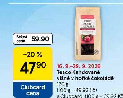 Tesco Kandované višně v hořké čokoládě, 120 g