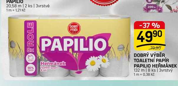 DOBRÝ VÝBĚR TOALETNÍ PAPÍR PAPILIO HEŘMÁNEK 132 m 8 ks | 3vrstvý