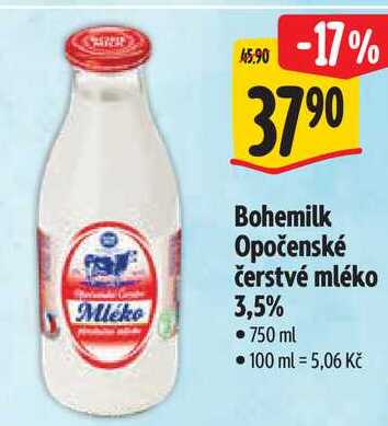 Bohemilk Opočenské čerstvé mléko 3,5%, 750 ml 