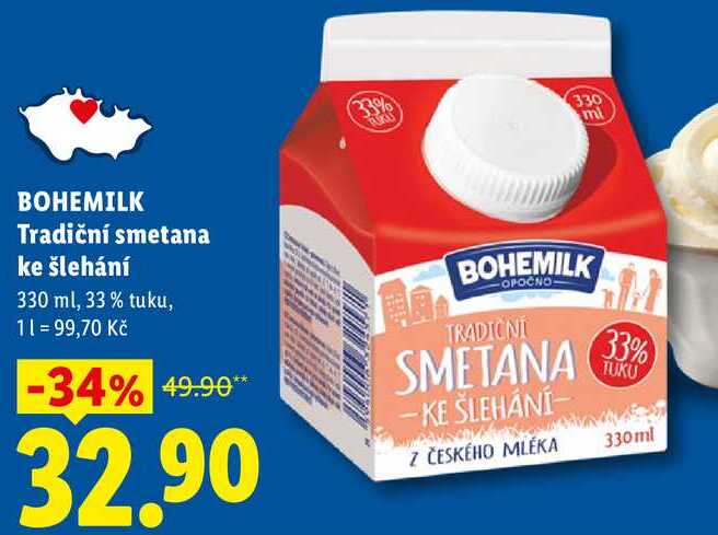 BOHEMILK Tradiční smetana ke šlehání,330 ml, 33% tuku v akci