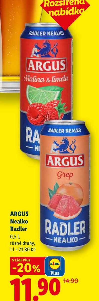 ARGUS Nealko Radler, 0,5 l, různé druhy