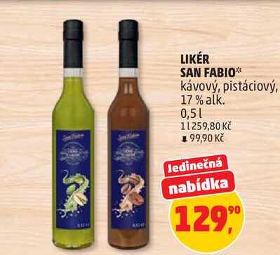 LIKÉR SAN FABIO kávový, pistáciový, 17% alk., 0,5 l