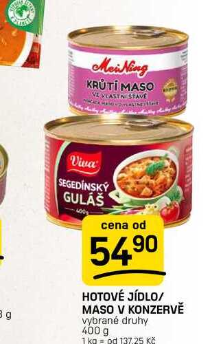 HOTOVÉ JÍDLO/ MASO V KONZERVĚ vybrané druhy 400 g