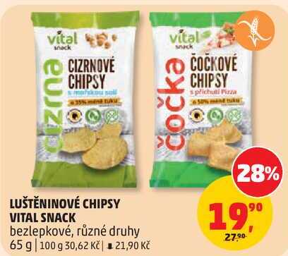 LUŠTĚNINOVÉ CHIPSY VITAL SNACK bezlepkové, různé druhy, 65 g
