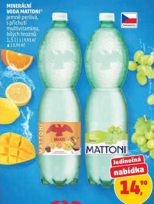 MATTONI jemně perlivá, s příchutí multivitaminu, bílých hroznů, 1,5 l
