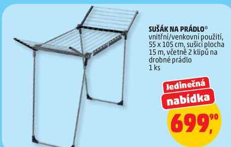 SUŠÁK NA PRÁDLO vnitřní/venkovní použití, 55 x 105 cm, sušici plocha 15 m, včetně 2 klipů na drobné prádlo, 1 ks