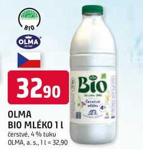 OLMA BIO MLÉKO 1l čerstvé, 4% tuku 