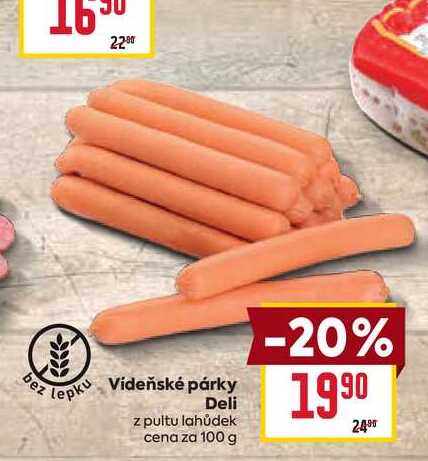 Vídeňské párky Deli z pultu lahůdek cena za 100 g