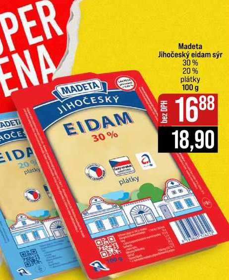Madeta Jihočeský eidam sýr 30% 20% plátky 100 g 