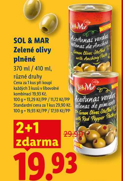 SOL & MAR Zelené olivy plněné, 370 ml / 410 ml