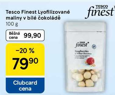 Tesco Finest Lyofilizované maliny v bílé čokoládě, 100 g
