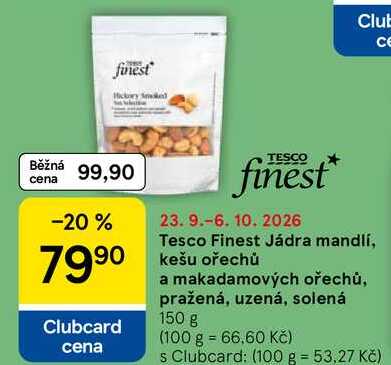 Tesco Finest Jádra mandlí, kešu ořechů a makadamových ořechů, pražená, uzená, solená, 150 g 
