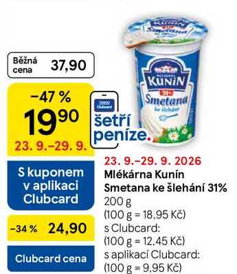 Mlékárna Kunín Smetana ke šlehání 31%, 200 g