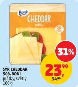 SÝR CHEDDAR 50% BONI plátky, světlý, 100 g