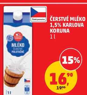 ČERSTVÉ MLÉKO 1,5% KARLOVA KORUNA, 1 L